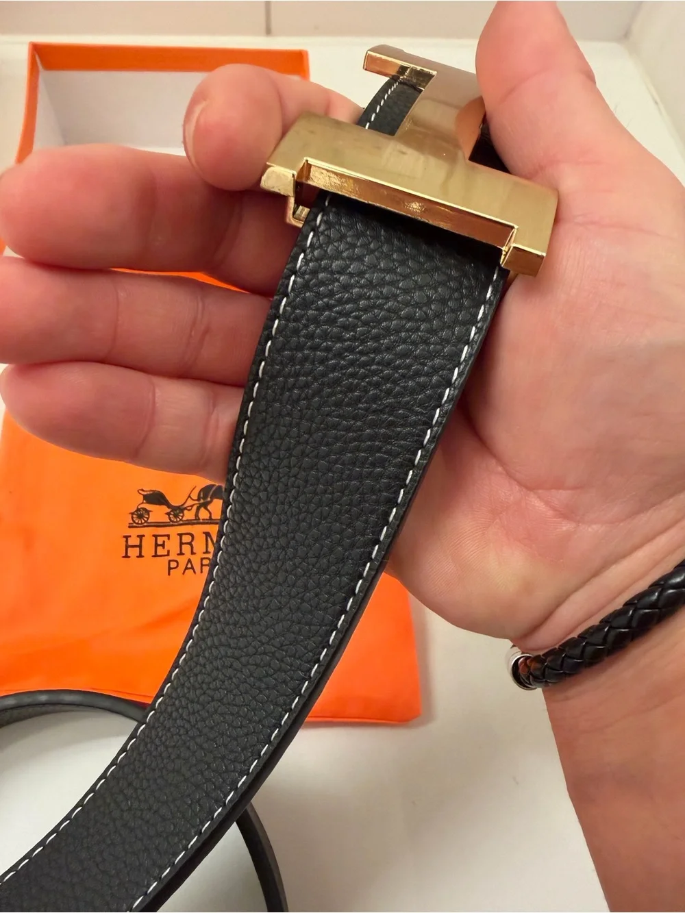 Hermès Black Leather H Buckle Belt Gold Hardware w/ Box
